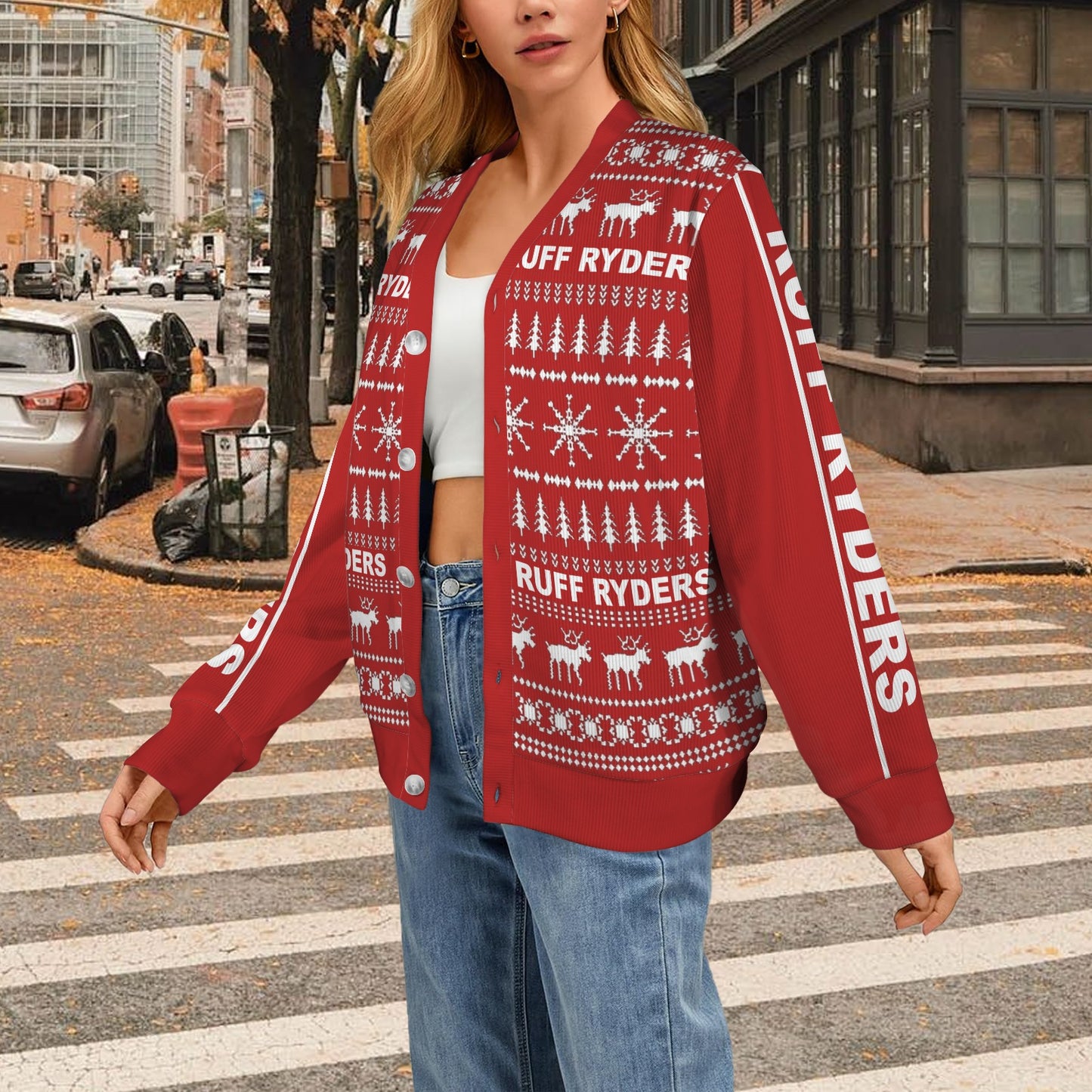 RR Christmas Women's Ribbed Poly Cardigan - Red/Wht