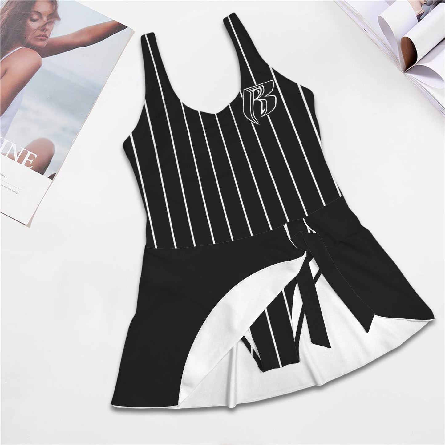 RR One Piece Blk Pinstripe Skirted Swimsuit