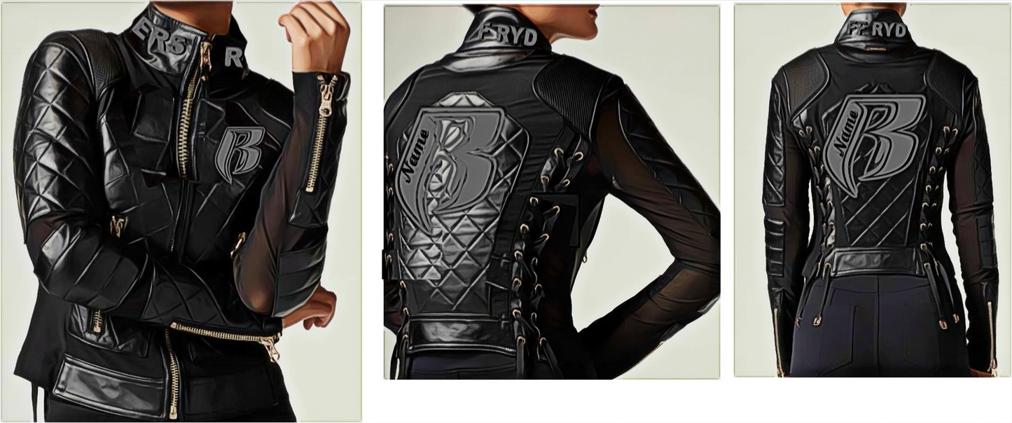 RR Blk Quilted Embroidered Leather Motorcycle Jacket