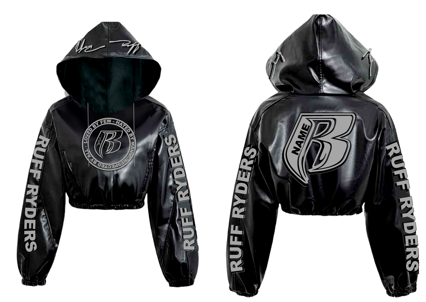 100% Black Leather Fully Embroidered Pull Over Hoodie Womens - Add your name