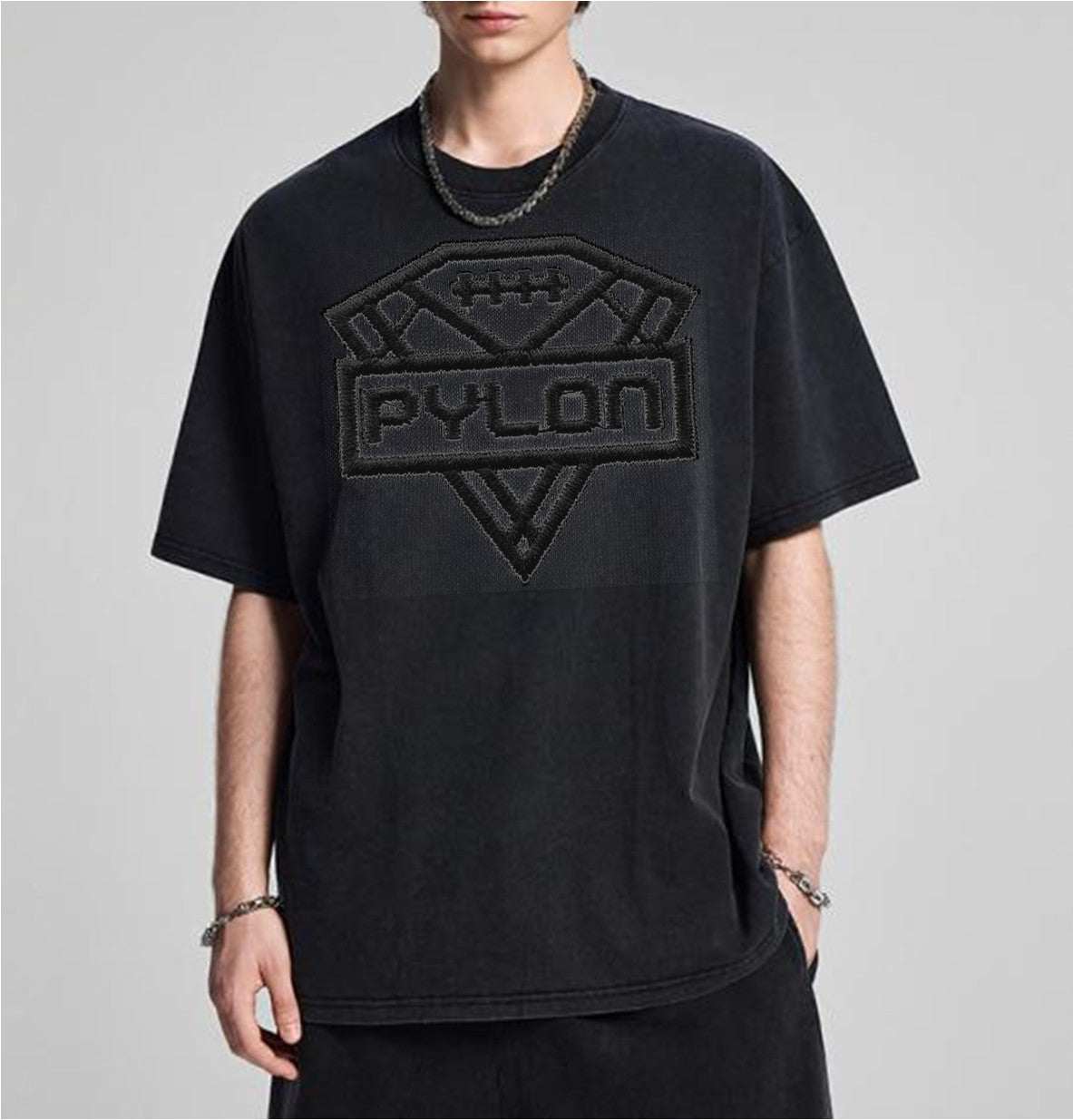 Pylon Embroidered Stonewashed Tee Black