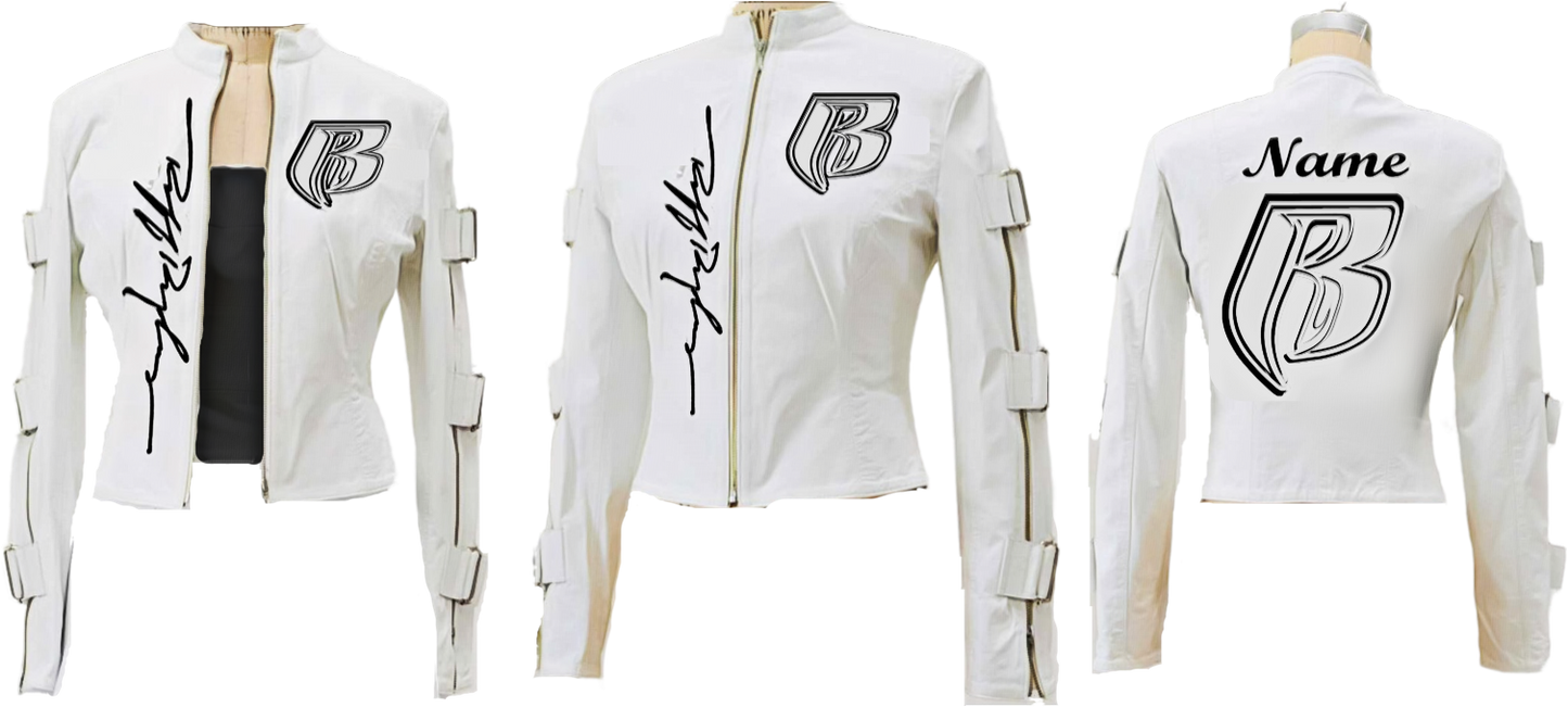 RR Wht Buckled Sleeve Leather Motorcycle Jacket