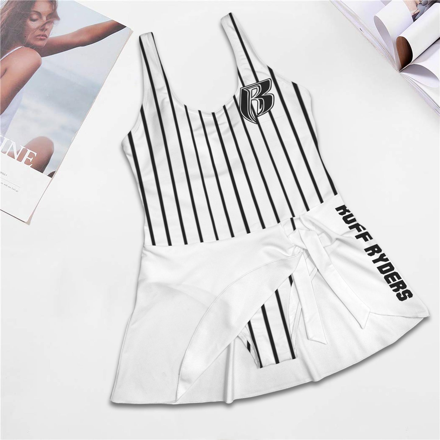 RR One Piece Wht Pinstripe Skirted Swimsuit