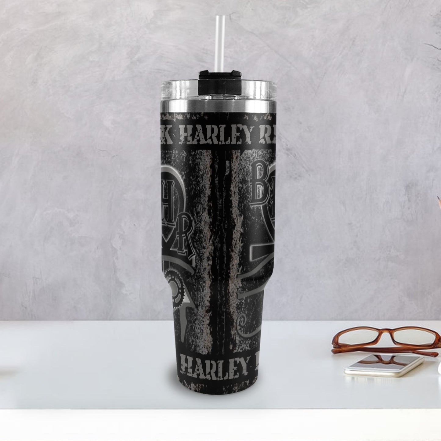 BHR 40oz Jumbo Tumbler w/ Handle and Matching Lid - Blk Ankh