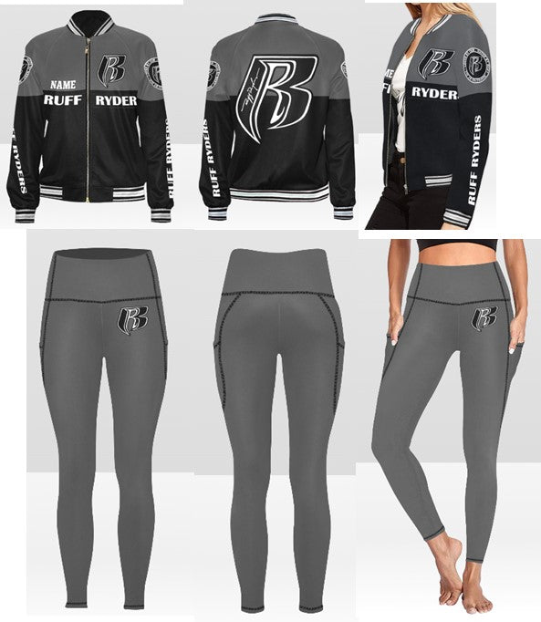 RR Custom Name Varsity Style Jacket and Matching Pocketed Leggings Set Blk/Gry