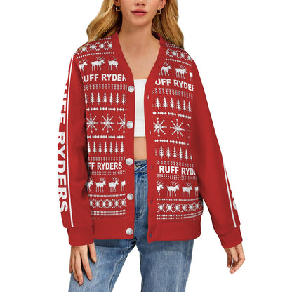 RR Christmas Women's Ribbed Poly Cardigan - Red/Wht