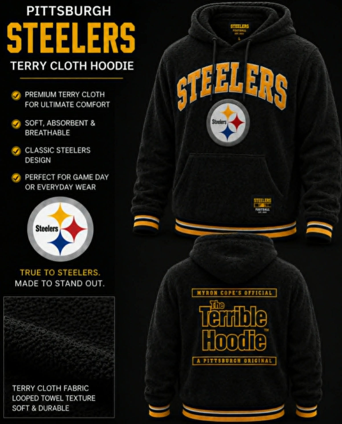 Pittsburgh Terrible Terry Cloth Hoodie- Black
