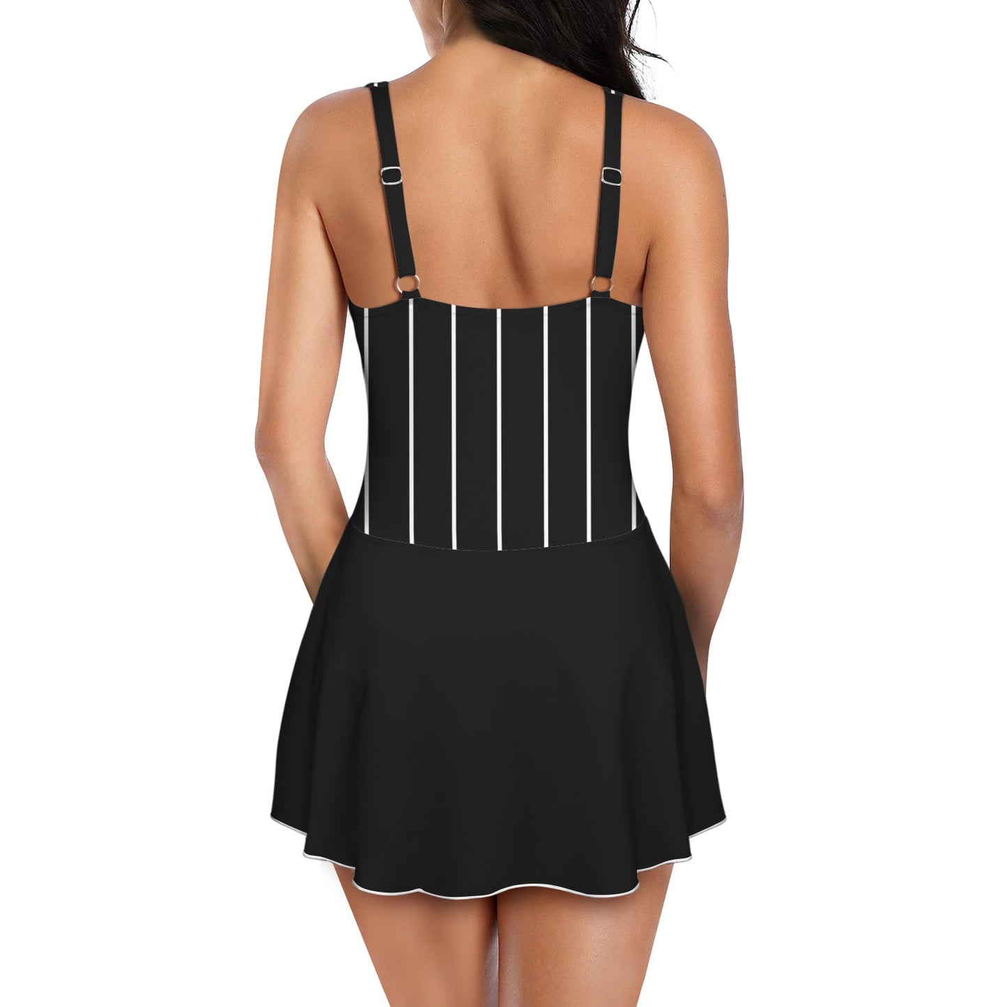 RR One Piece Blk Pinstripe Skirted Swimsuit
