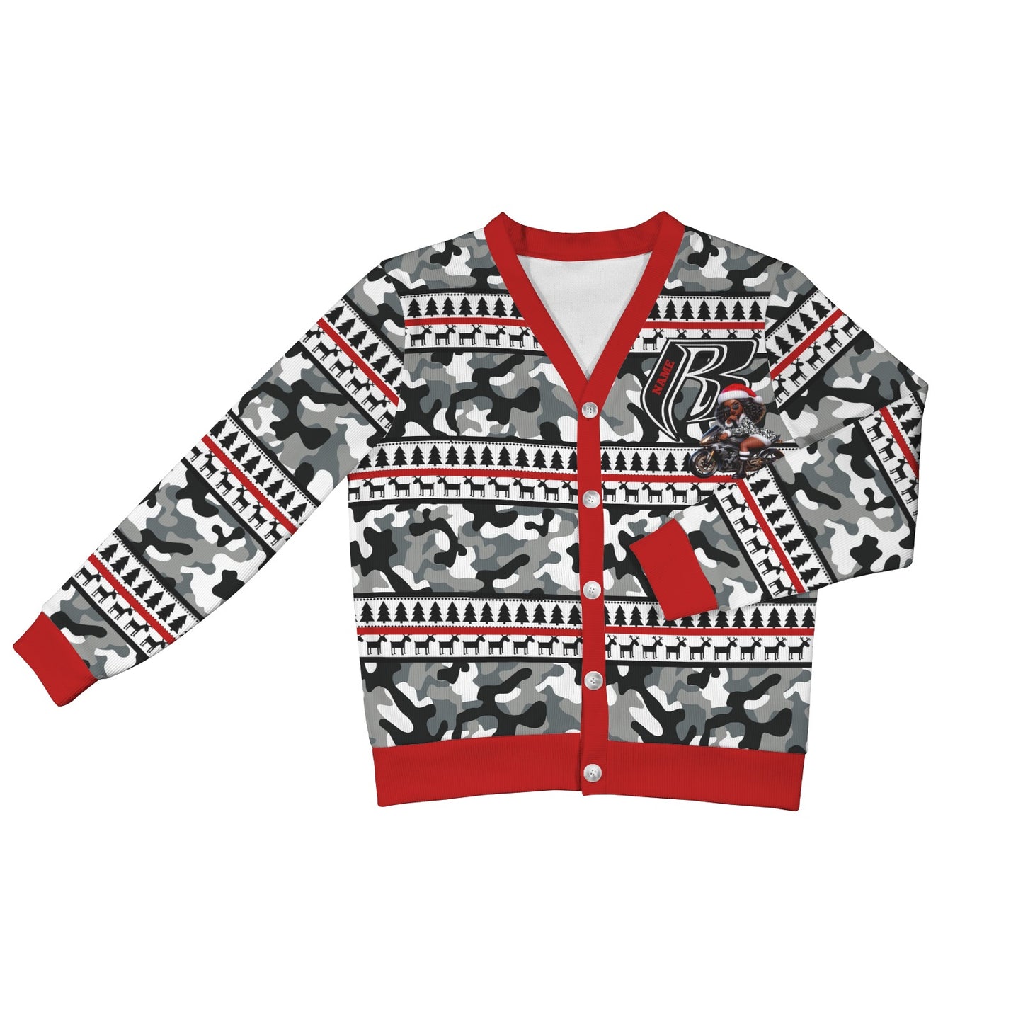 RR Christmas Women's Ribbed Poly Cardigan - Camo/Red Blk Ryder