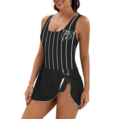 RR One Piece Blk Pinstripe Skirted Swimsuit