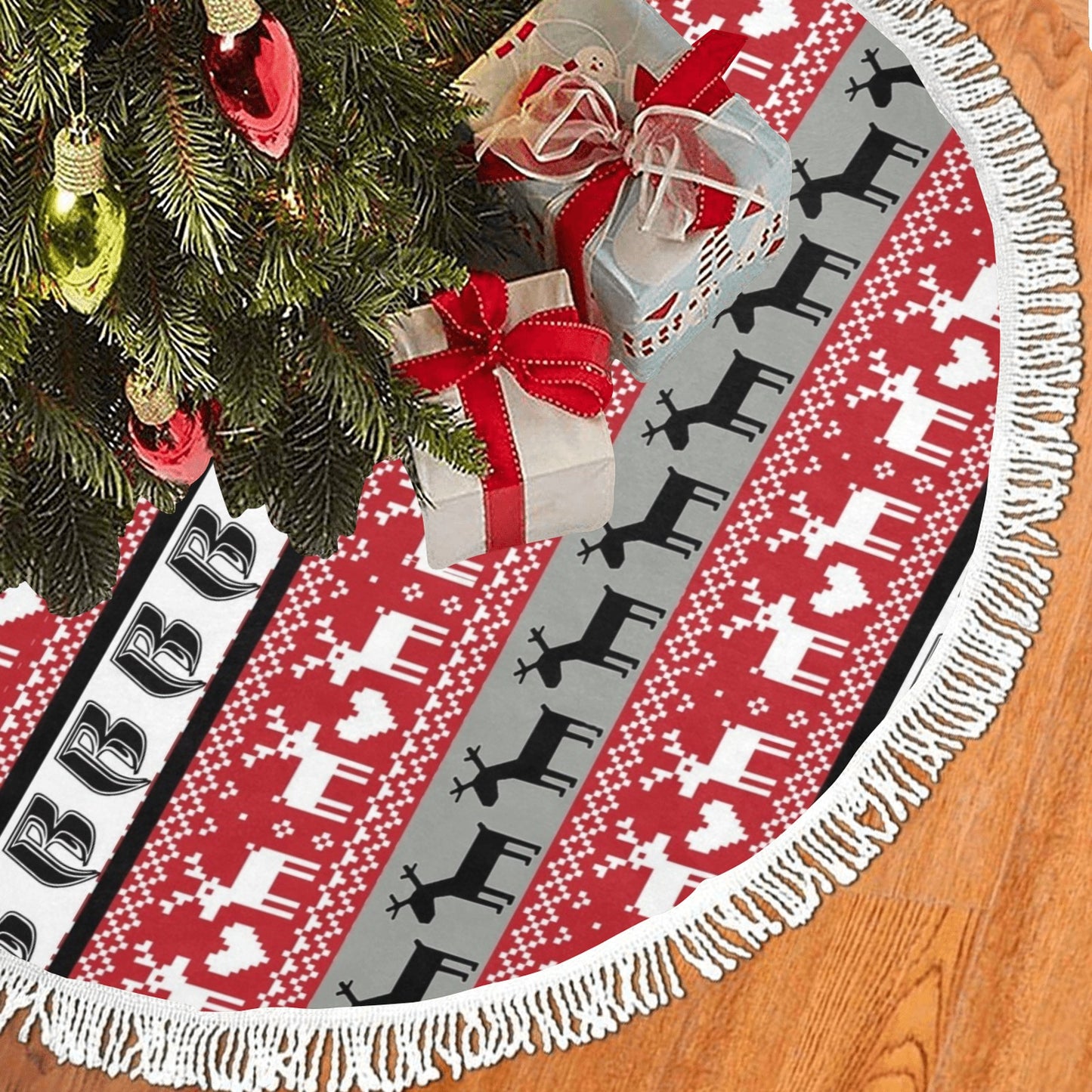 RR Christmas Thick Fringe Christmas Tree Skirt 48"x48" - Red/Gry/Wht