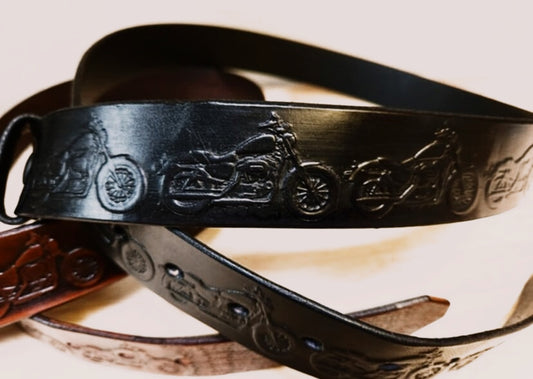 100% Leather Motorcycle Embossed Belt Strap (Fits SM-4XL)