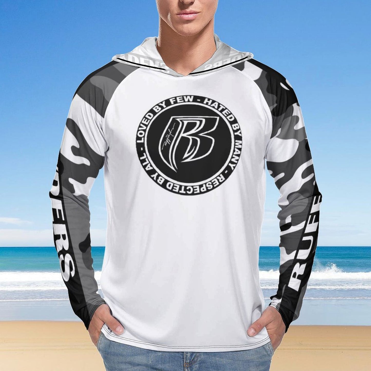 RR Long Sleeve Sun Protection Hoodie Wht/Camo - Add your name.