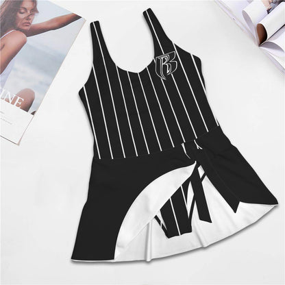 RR One Piece Blk Pinstripe Skirted Swimsuit