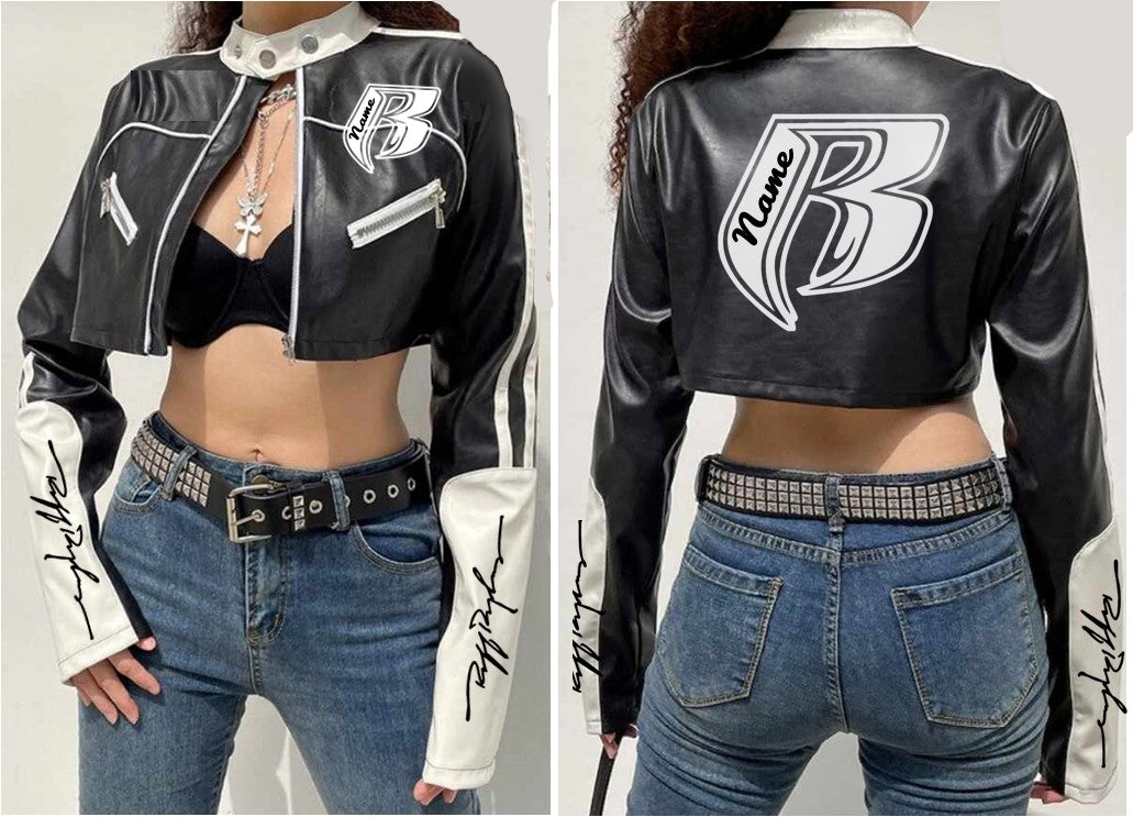 RR Blk/Wht Cropped Embroidered Leather Motorcycle Jacket (Bottoms sold separately)