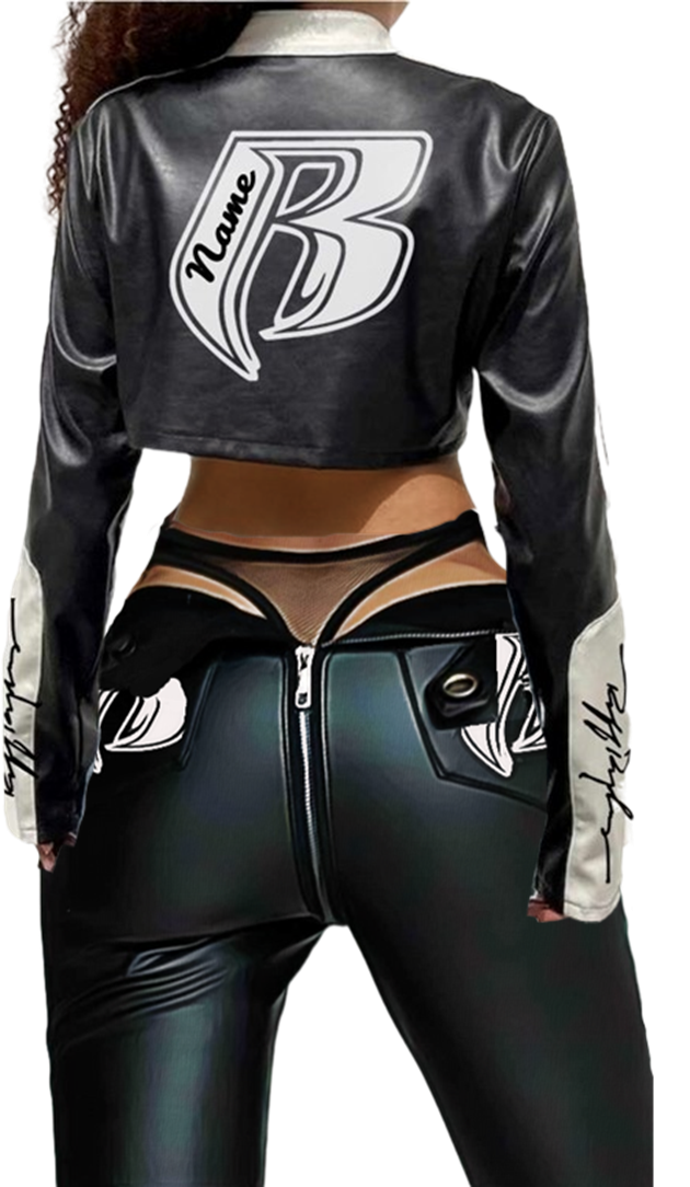 RR Blk/Wht Cropped Embroidered Leather Motorcycle Jacket (Bottoms sold separately)