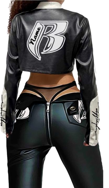 RR Blk/Wht Cropped Embroidered Leather Motorcycle Jacket (Bottoms sold separately)