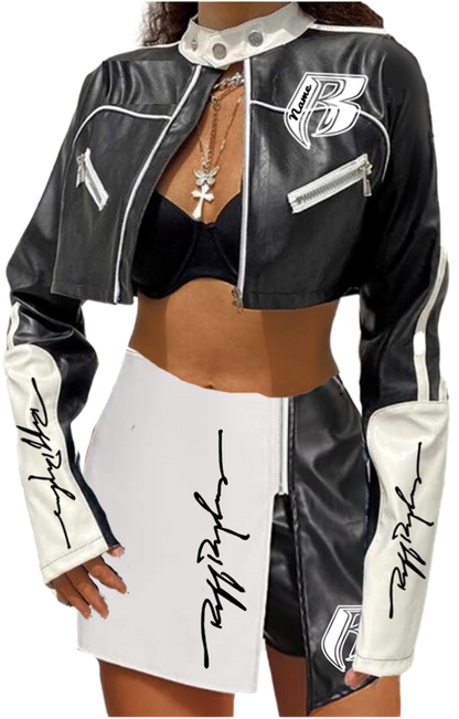 RR Blk/Wht Cropped Embroidered Leather Motorcycle Jacket (Bottoms sold separately)