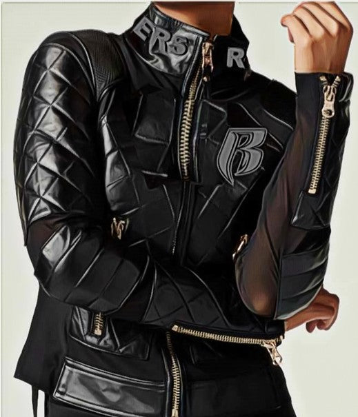 RR Blk Quilted Embroidered Leather Motorcycle Jacket