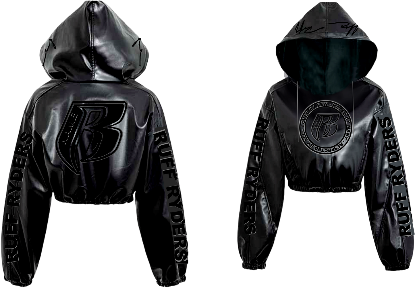 100% Black Leather Fully Embroidered Pull Over Hoodie Womens  - Add your name