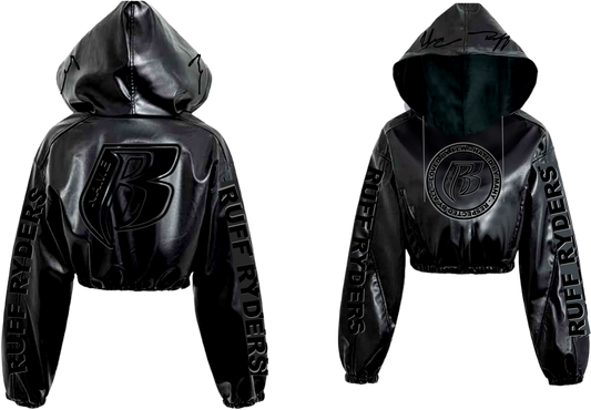 100% Black Leather Fully Embroidered Pull Over Hoodie Womens  - Add your name