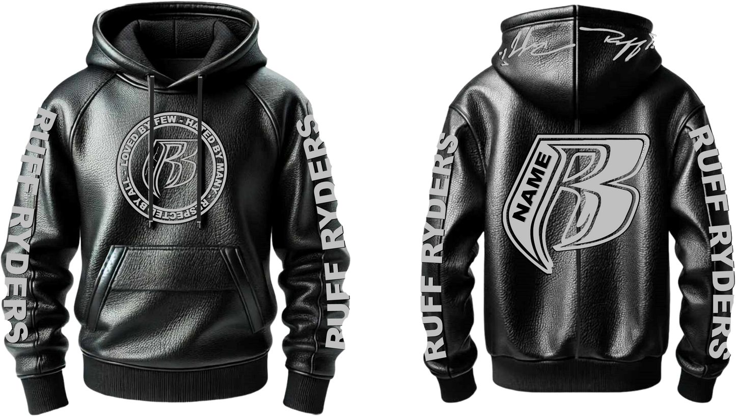 100% Black Leather Fully Embroidered Pull Over Hoodie - Add your name