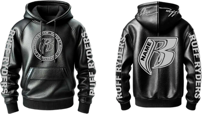 100% Black Leather Fully Embroidered Pull Over Hoodie - Add your name