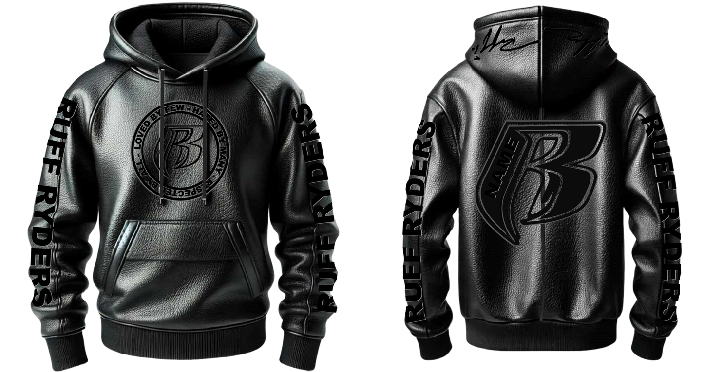 100% Black Leather Fully Embroidered Pull Over Hoodie - Add your name