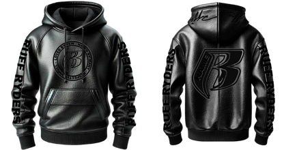 100% Black Leather Fully Embroidered Pull Over Hoodie - Add your name