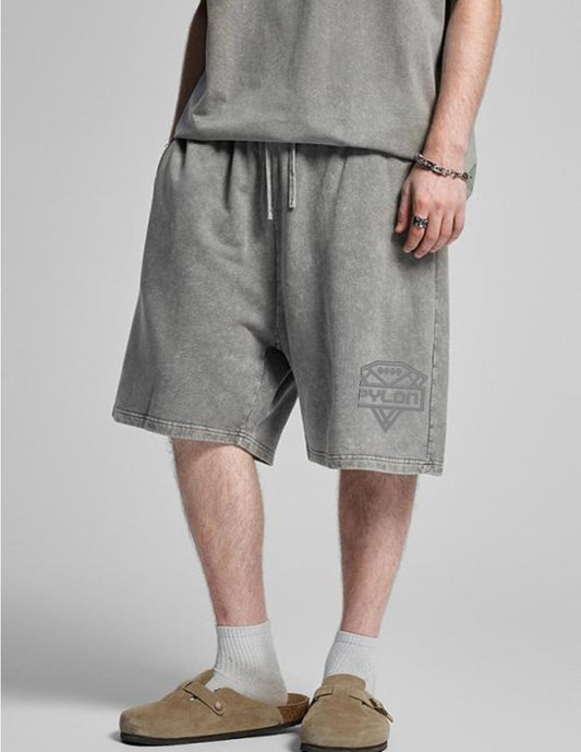 Pylon Embroidered Stonewashed Shorts Grey