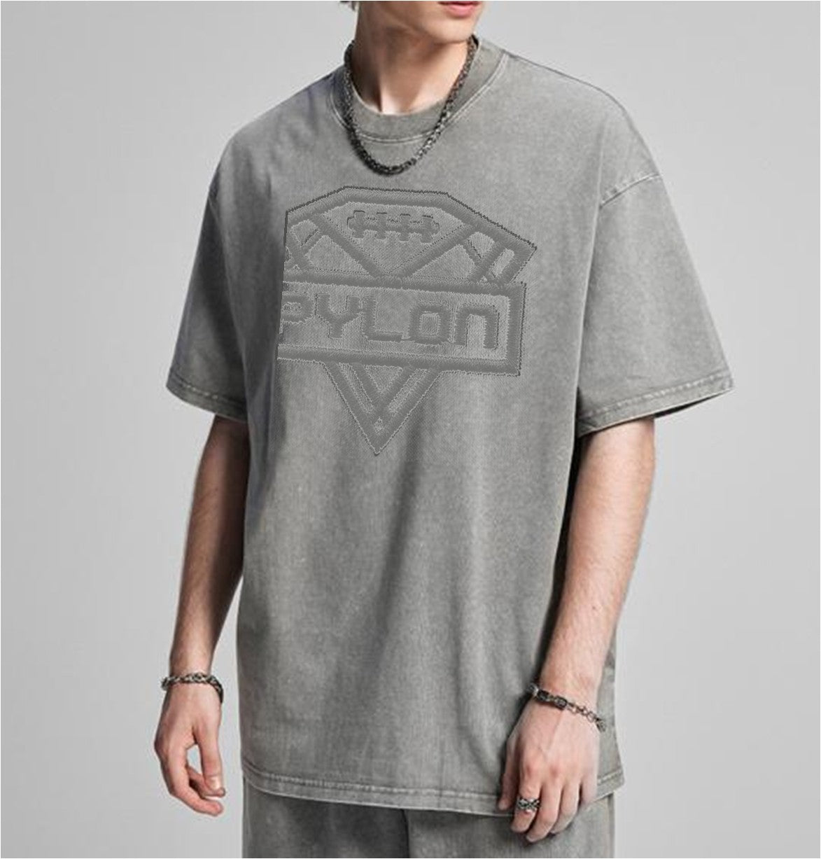 Pylon Embroidered Stonewashed Tee Grey