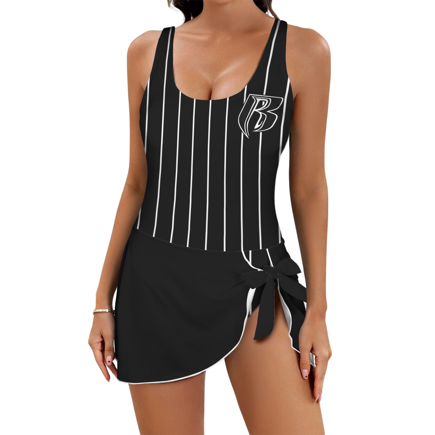 RR One Piece Blk Pinstripe Skirted Swimsuit