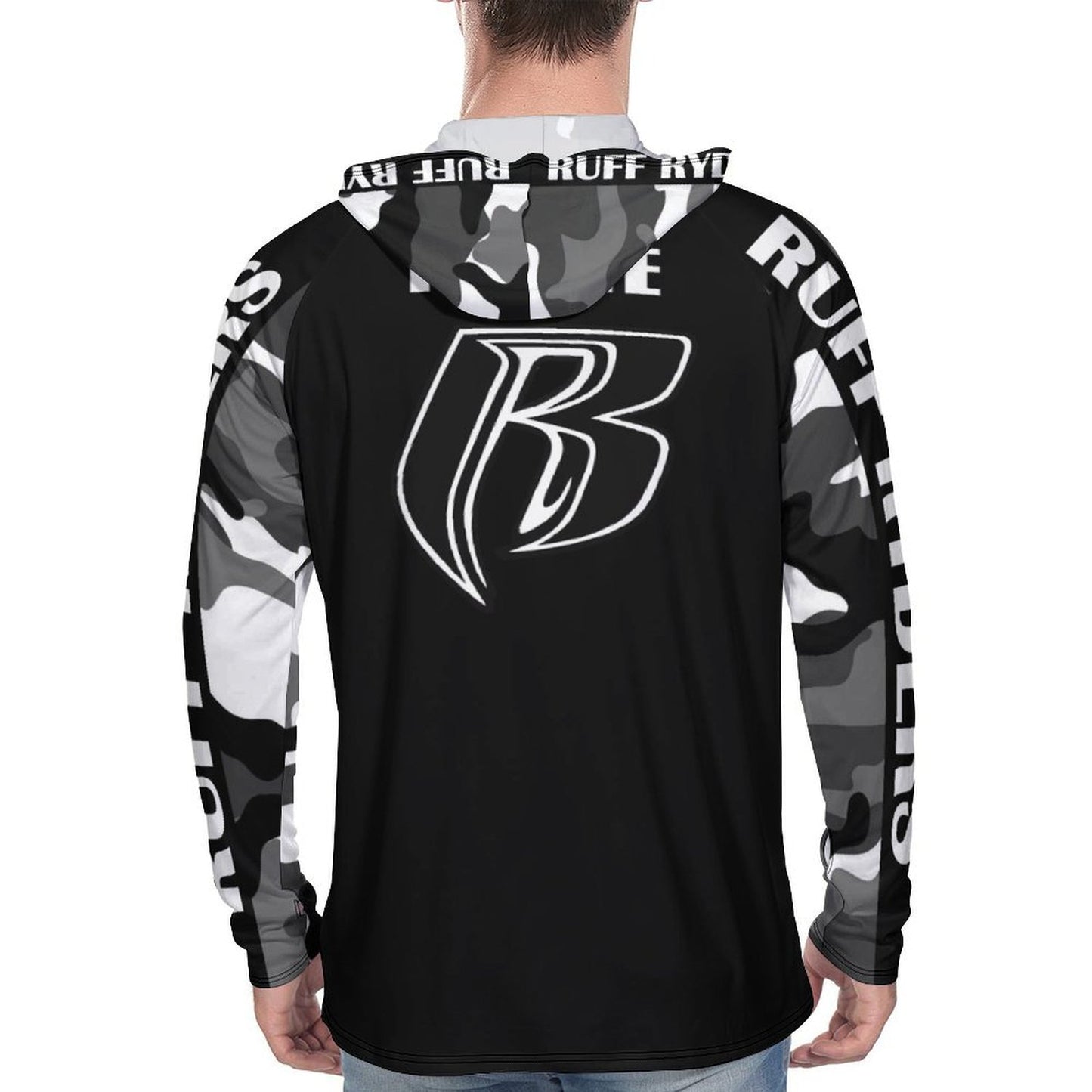 RR Long Sleeve Sun Protection Hoodie Blk/Camo - Add your name.