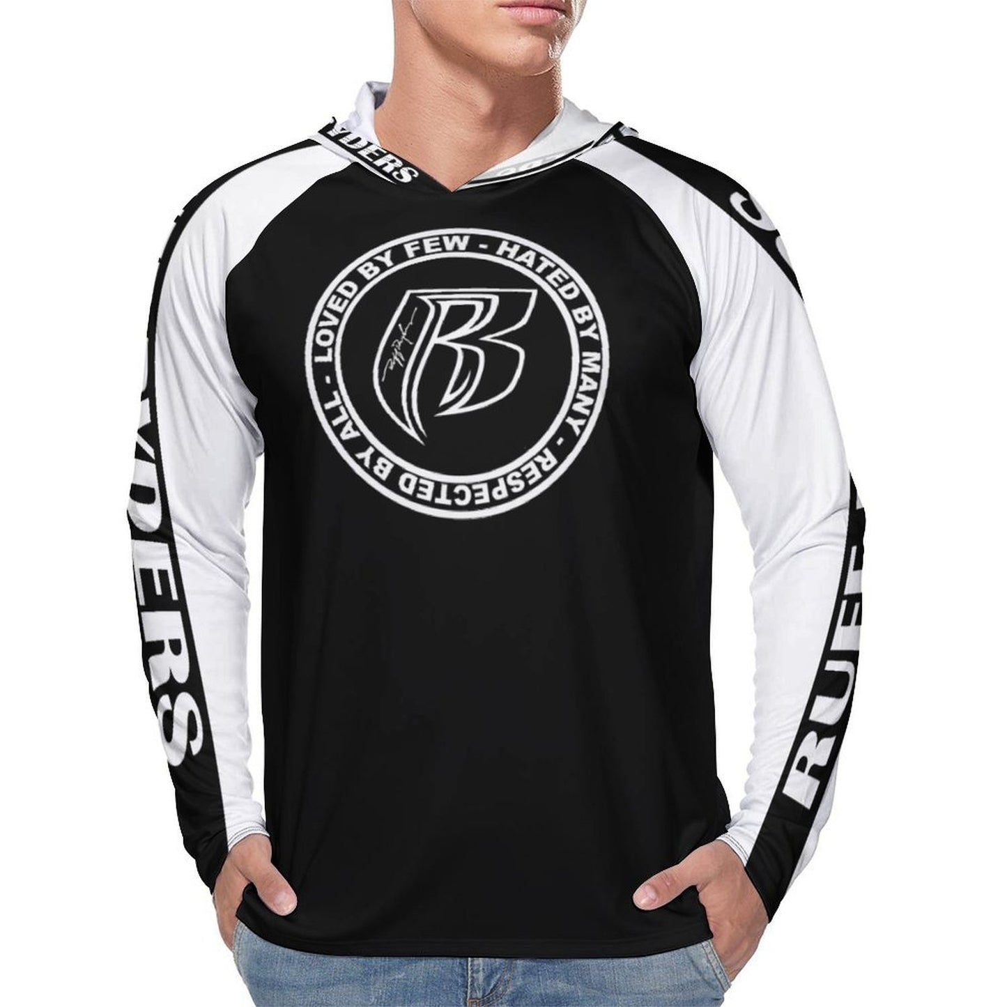 RR Long Sleeve Sun Protection Hoodie Blk/Wht - Add your name.