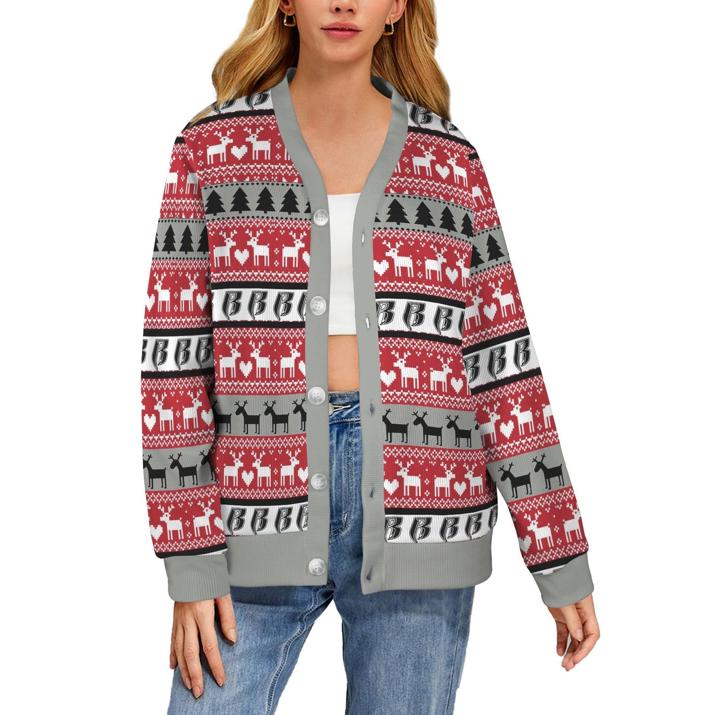 RR Christmas Women's Ribbed Poly Cardigan - Blk/Red/Gry