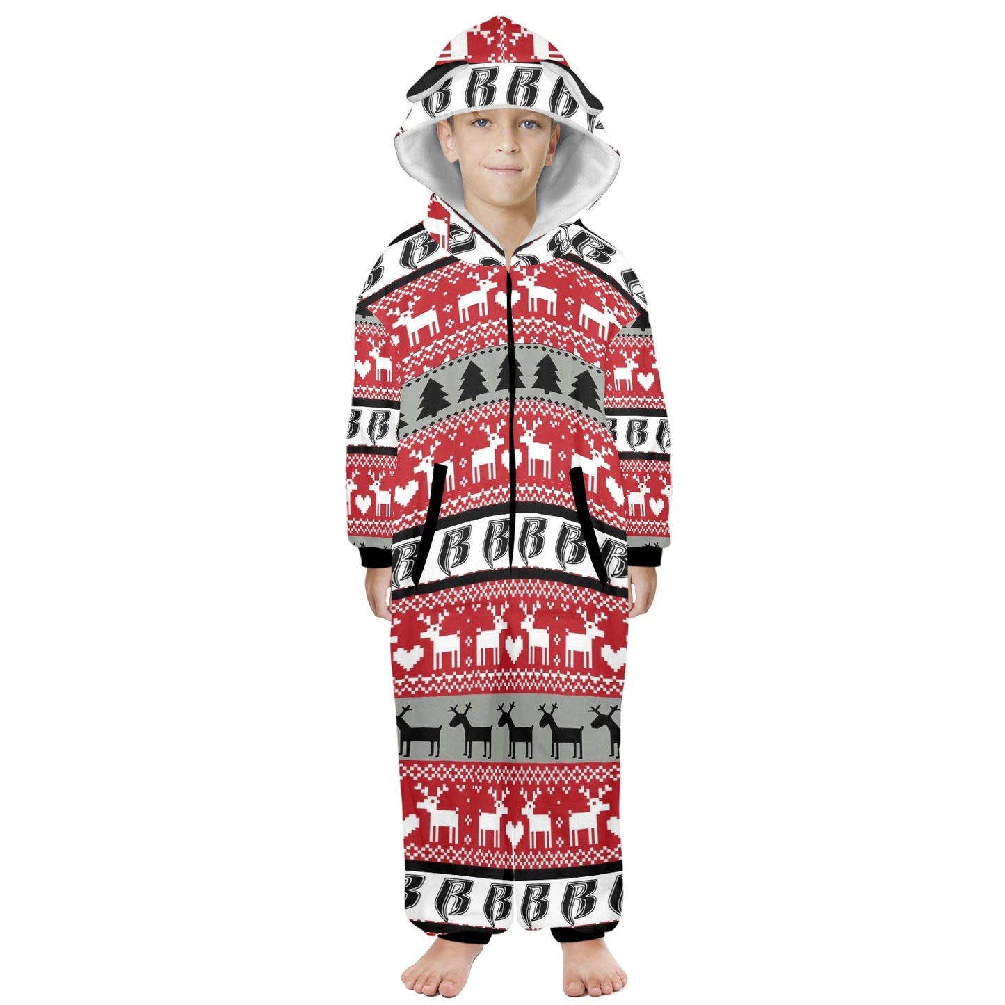 RR Christmas Onesie for Kids with Ears-  Blk/Red/Gry