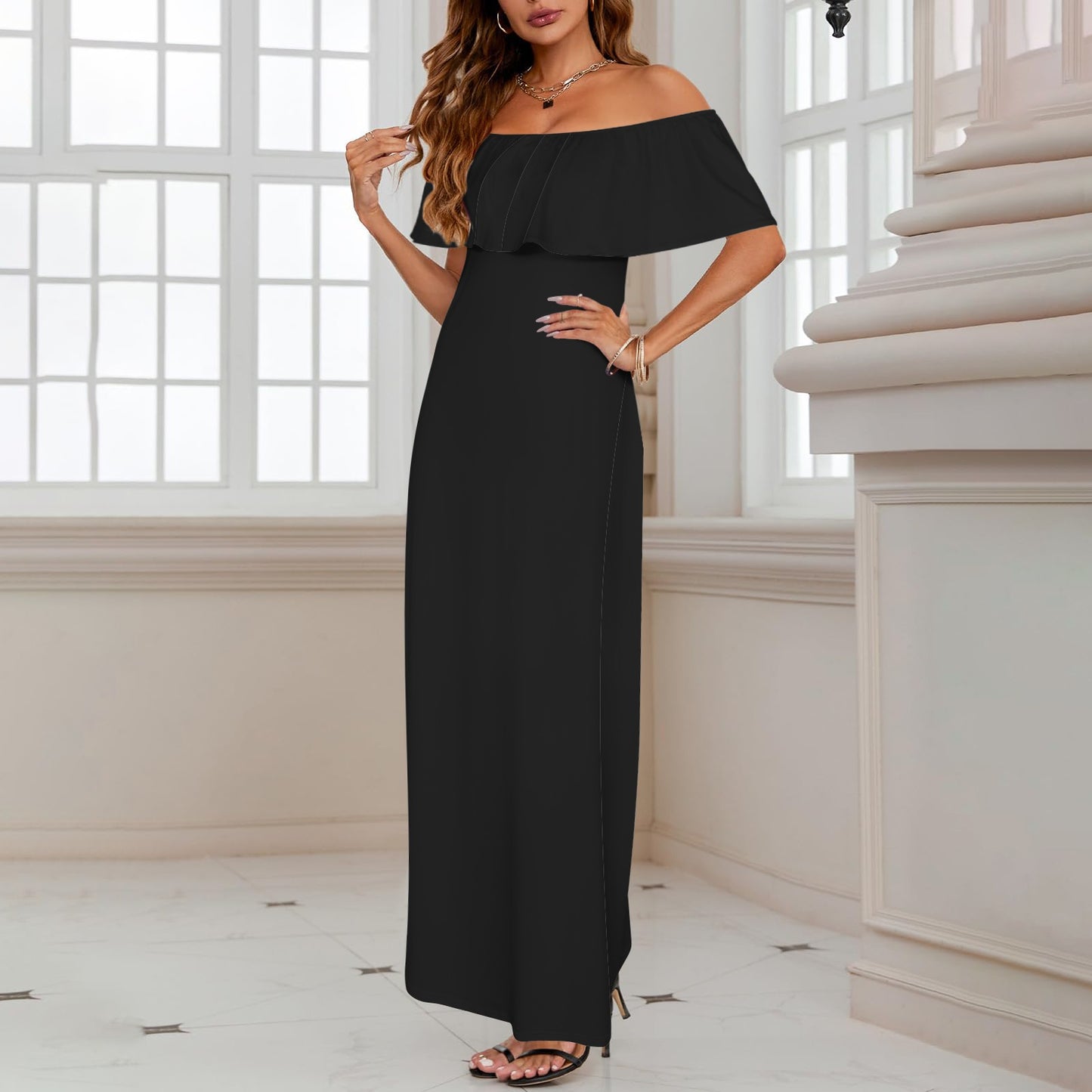 CMR Ruffled Off the Shoulder Long Dress