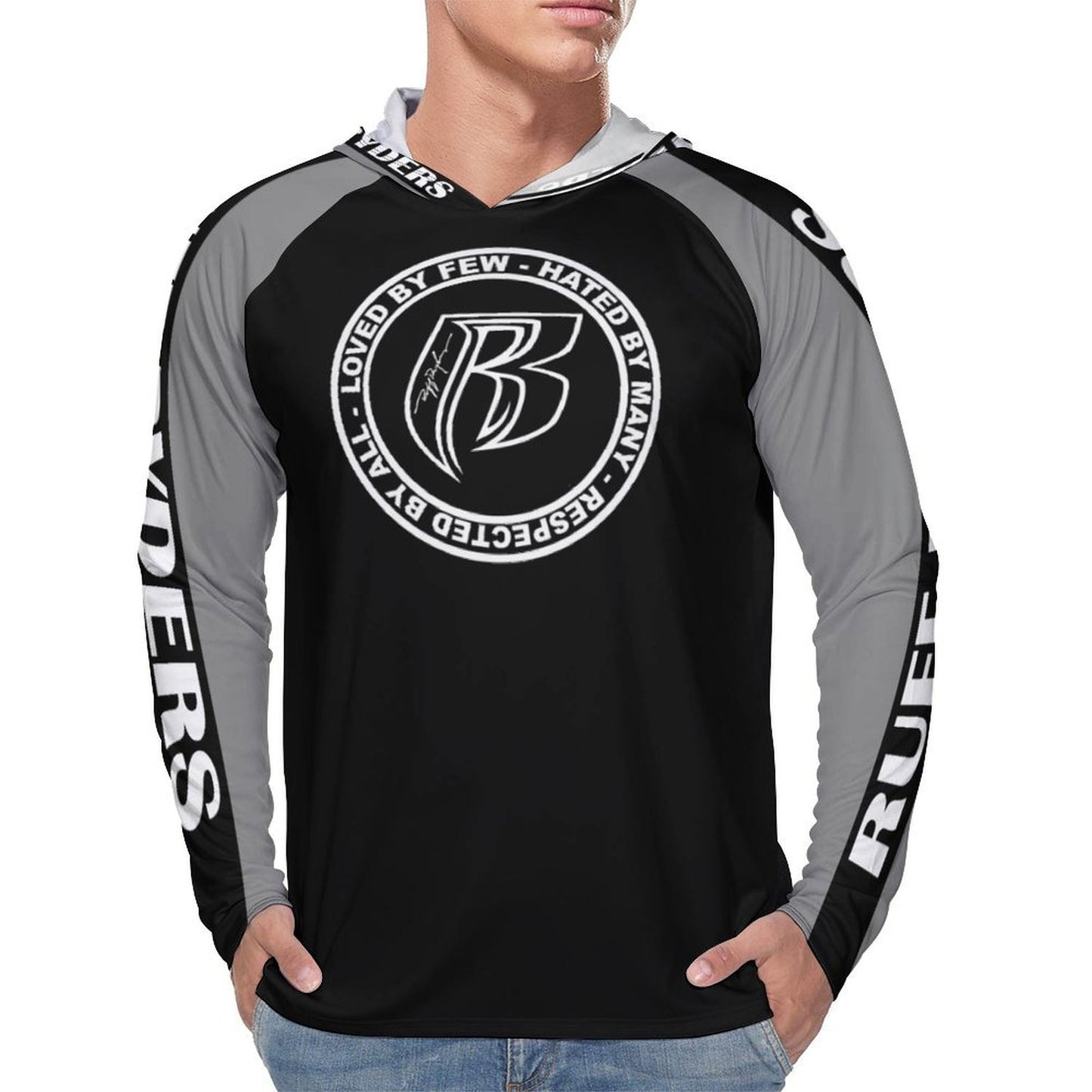 RR Long Sleeve Sun Protection Hoodie Blk/Gry - Add your name.