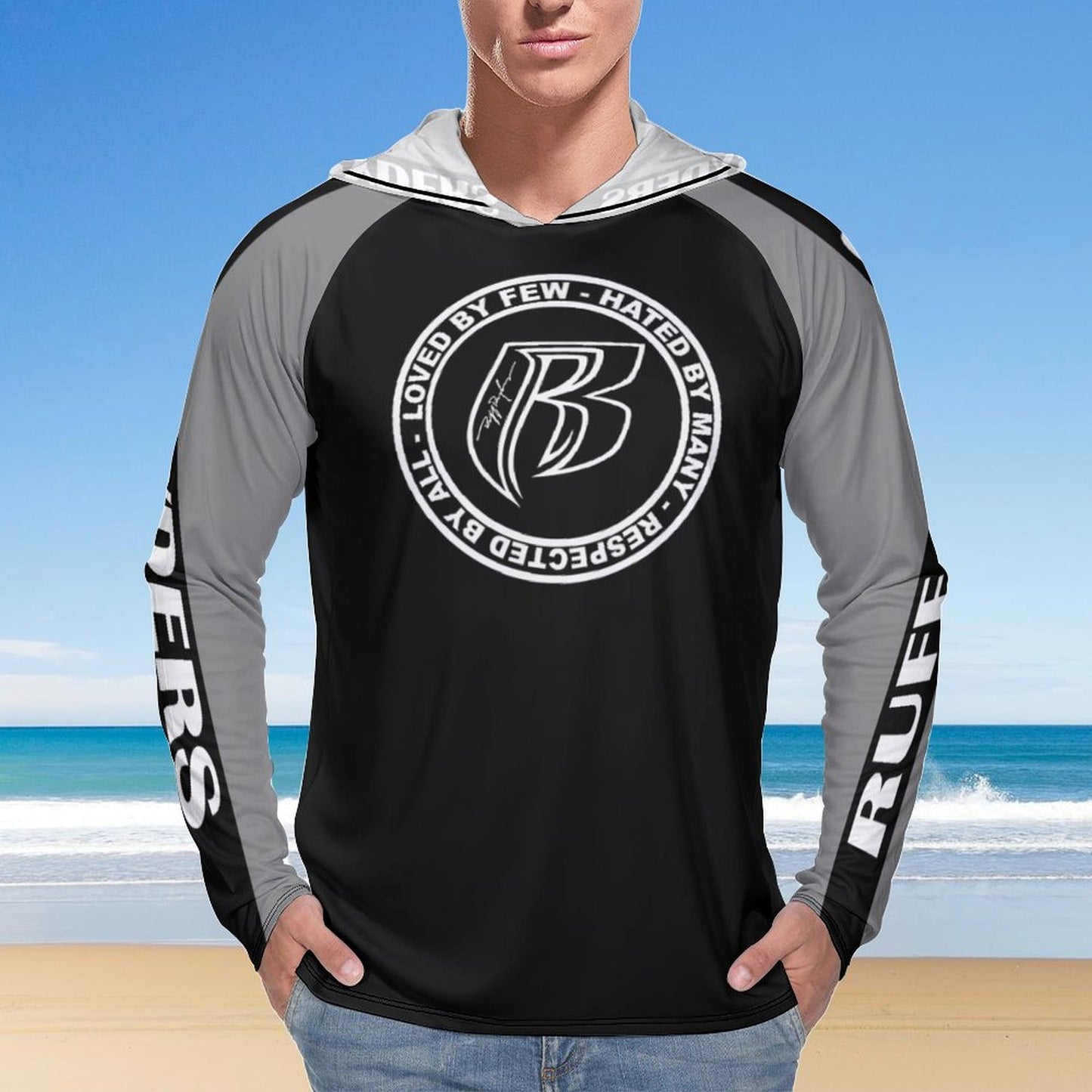 RR Long Sleeve Sun Protection Hoodie Blk/Gry - Add your name.