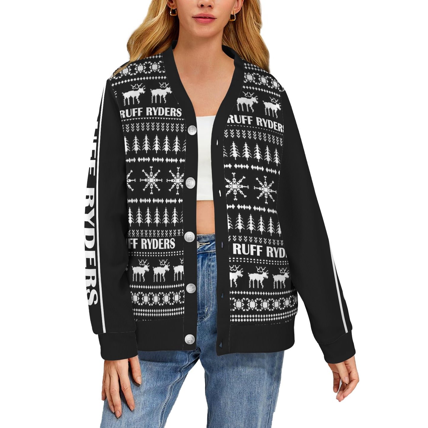 RR Christmas Women's Ribbed Poly Cardigan - Blk/Wht