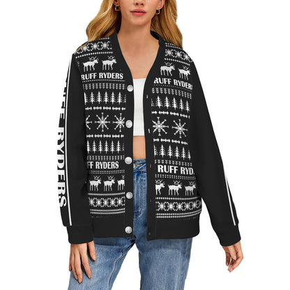 RR Christmas Women's Ribbed Poly Cardigan - Blk/Wht