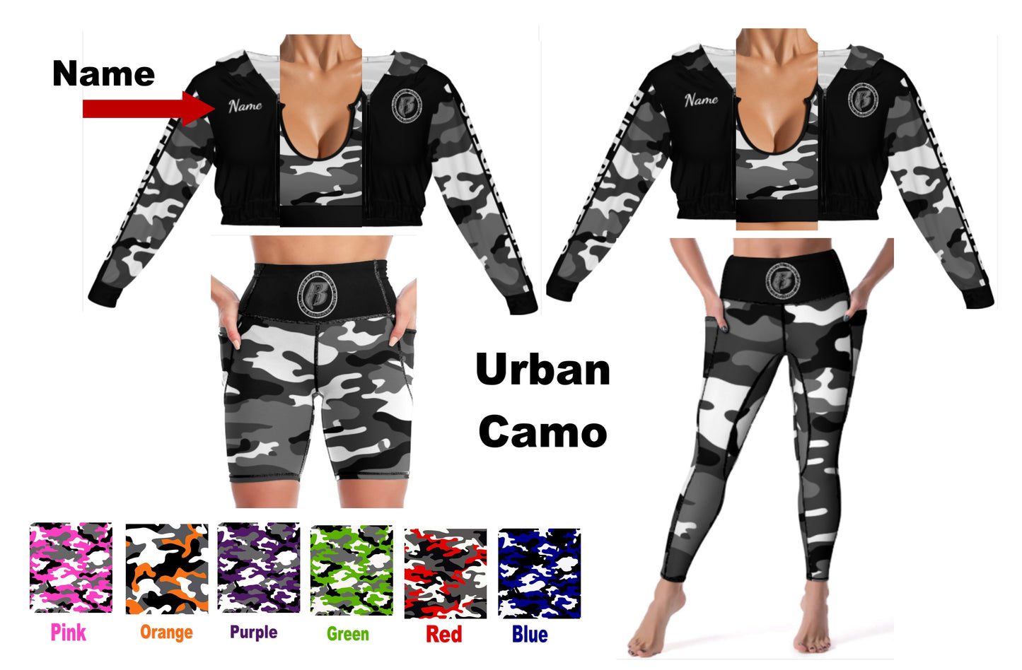 RR Camo Three Piece Outfit (Spandex Shorts or Pocketed Leggings)- 7 Colors - Pieces also sold separately Save up to $20 on the set.