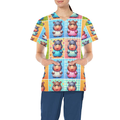 Ladies Scrub Top - Happy Hippos 4