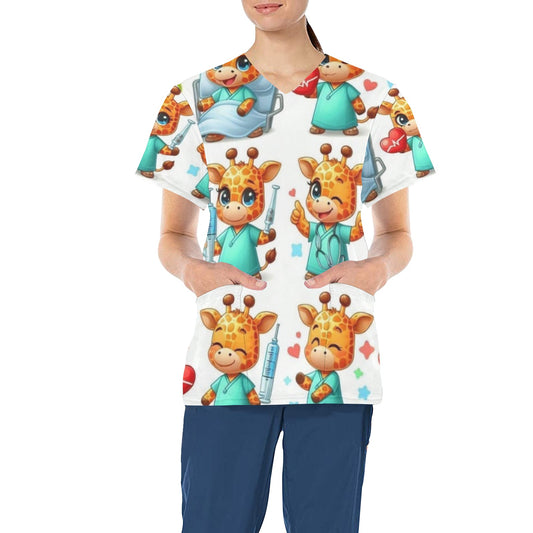 Ladies Scrub Top - Giraffes