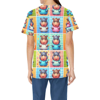 Ladies Scrub Top - Happy Hippos 4