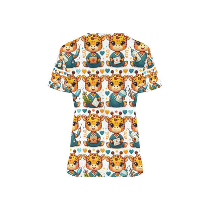 Ladies Scrub Top - Giraffes 2