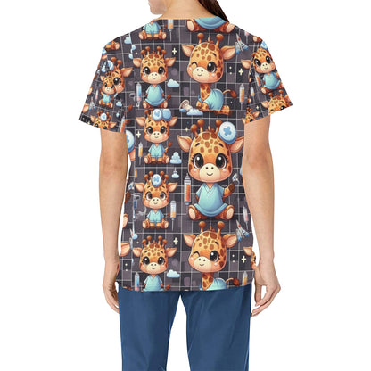 Ladies Scrub Top - Giraffes 3