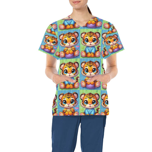 Ladies Scrub Top - Tiny Tigers 2