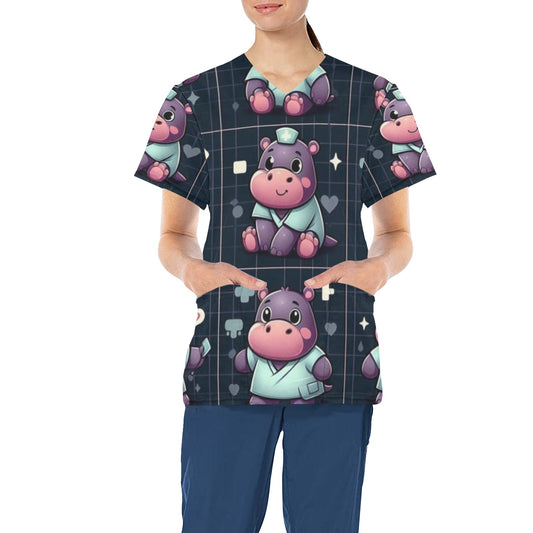 Ladies Scrub Top - Happy Hippos 2