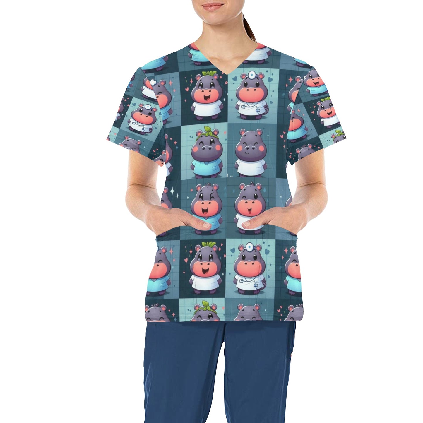 Ladies Scrub Top - Happy Hippos